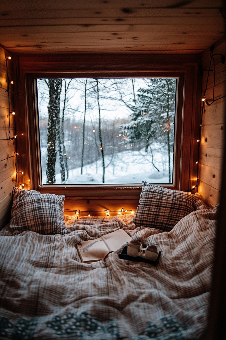 Festive sleeping nook. Flannel bedding and string lights, wide-angle view of a snowy landscape.