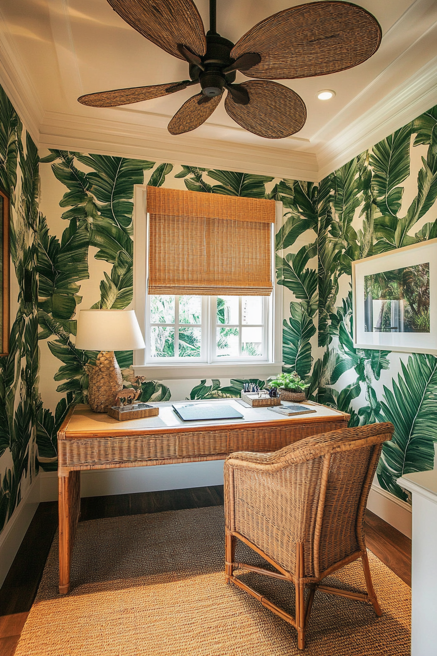 Tropical-modern tiny office. Rattan desk with leaf-patterned wallpaper and ceiling fan.