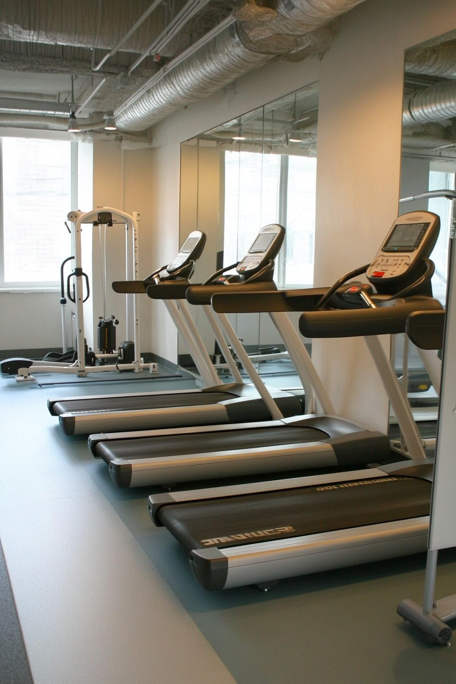 Contemporary tiny gym. Mirror wall, white treadmills, metal equipment rack.