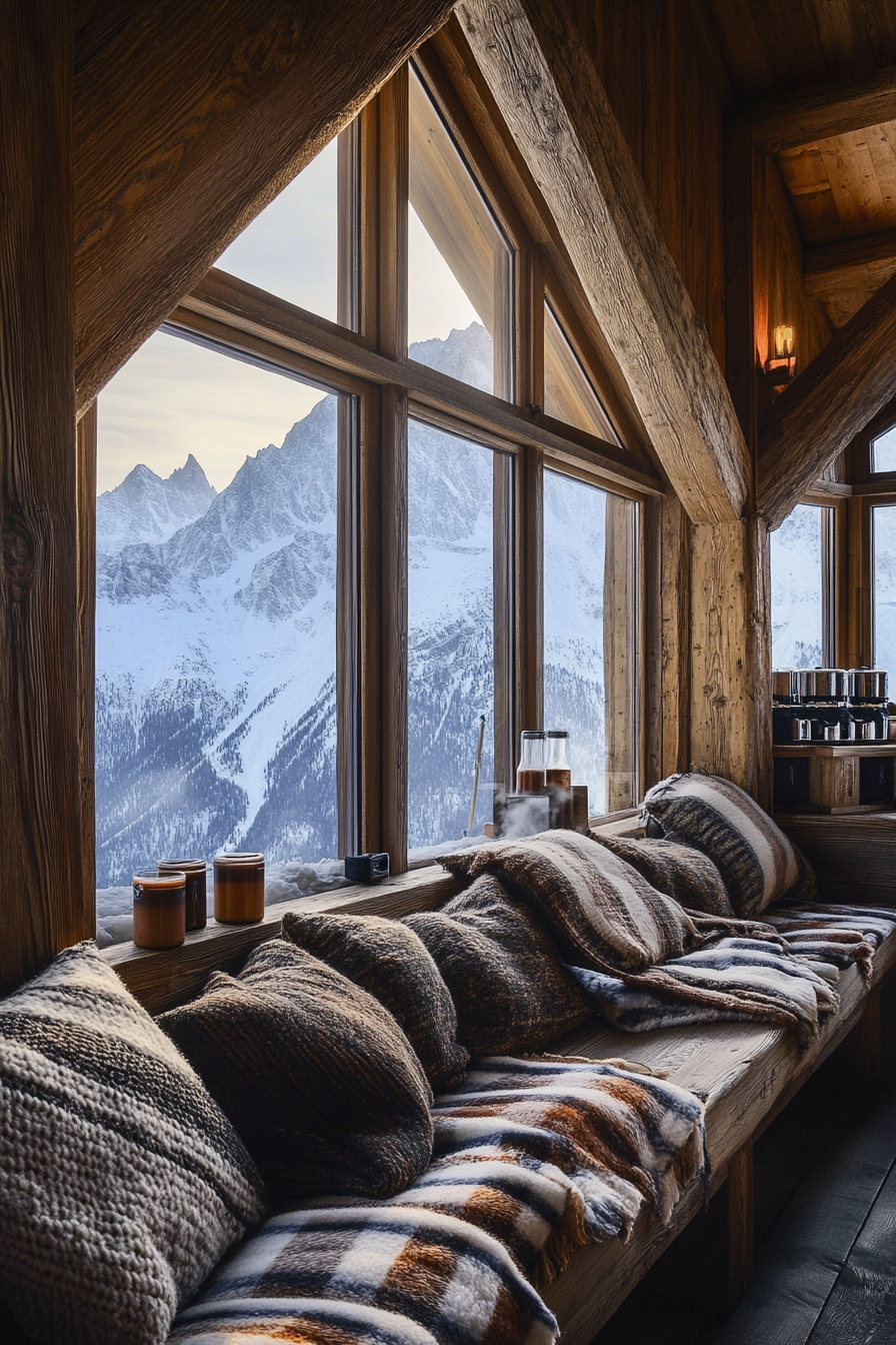 Ski lodge interior. Woolen blankets on oak benches, hot cocoa station, snow-capped peaks through window.