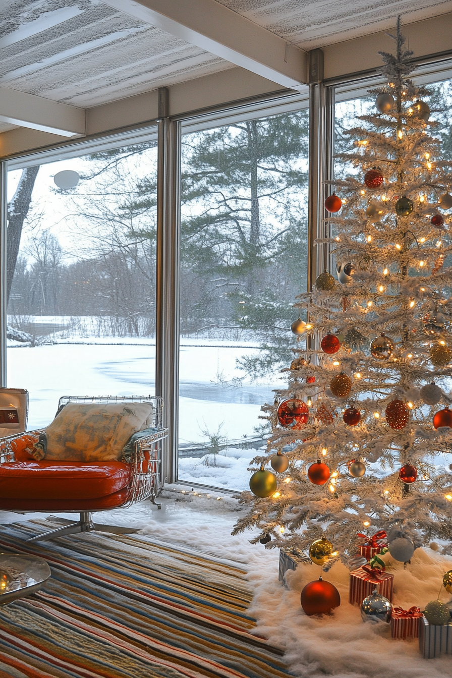 Wide-angle view. Retro holiday interior, aluminum tree, classic ornaments, frozen lake backdrop.