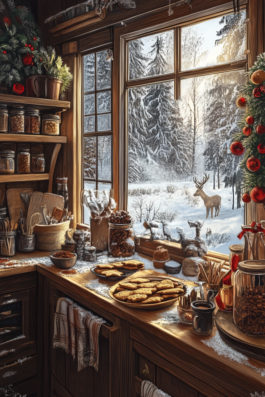 Wide angle view. Holiday baking haven, cookie station, spice storage, snowy meadow, watching deer.