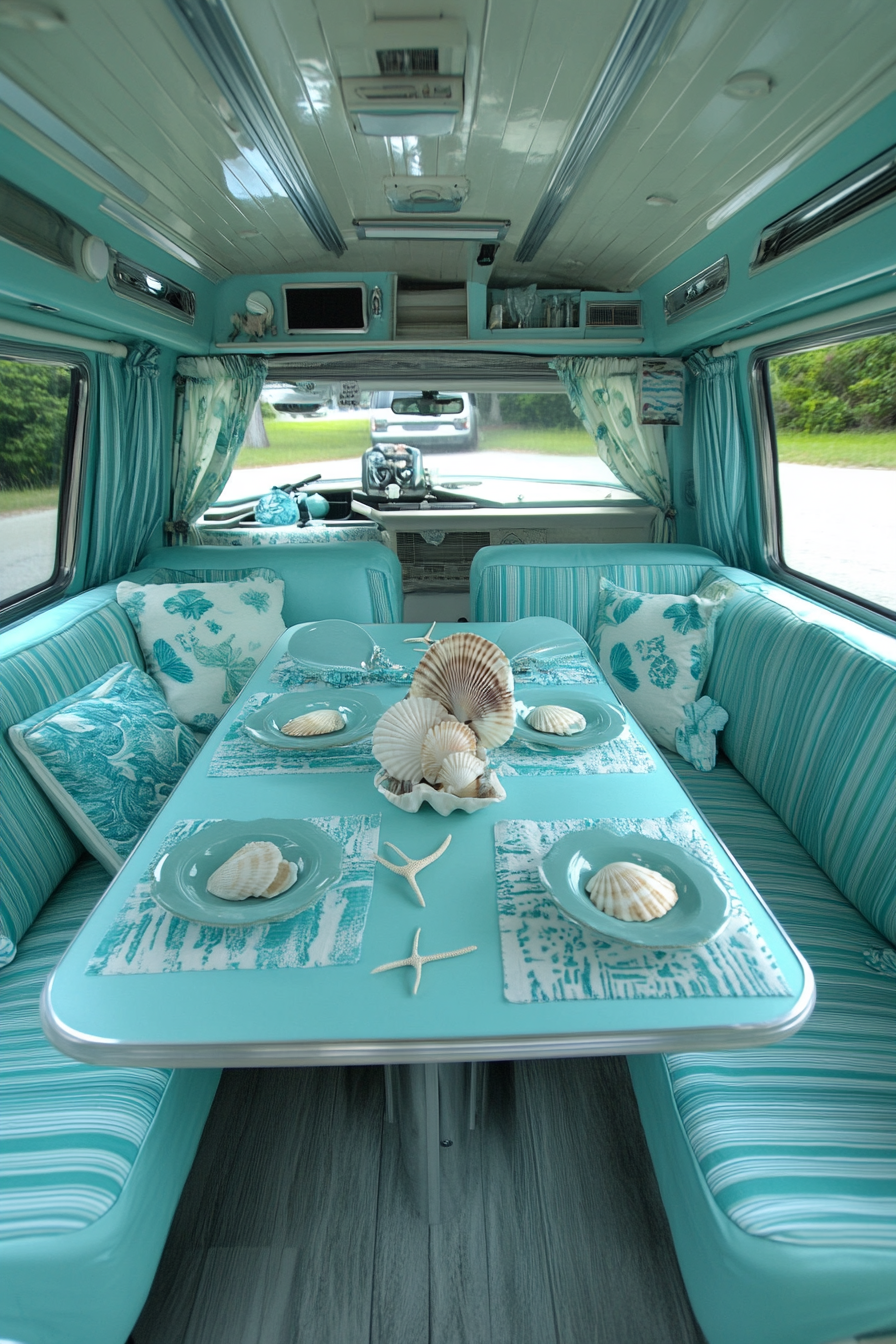 Van dining area. Fold-out table, aqua upholstery, seashell centerpiece.