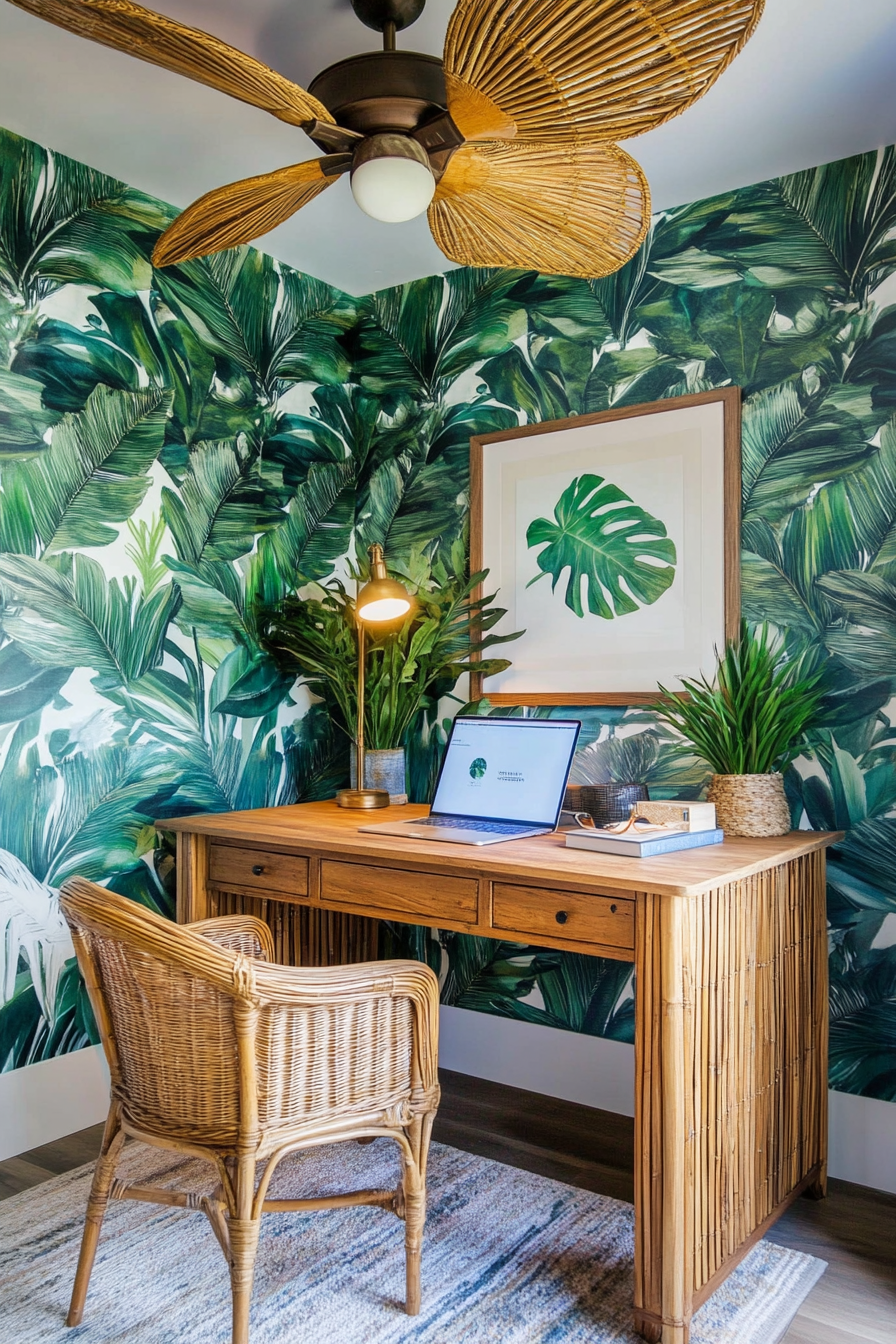 Tropical-modern tiny office. Leaf wallpaper and rattan desk under a wooden ceiling fan.