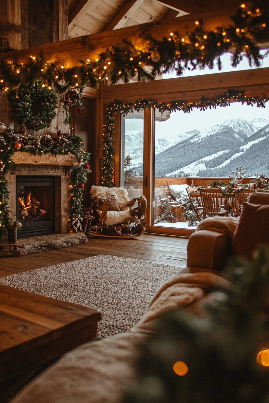 Wide angle view. Farmhouse-style room, pine garlands, wooden ornaments, snowy mountain backdrop.