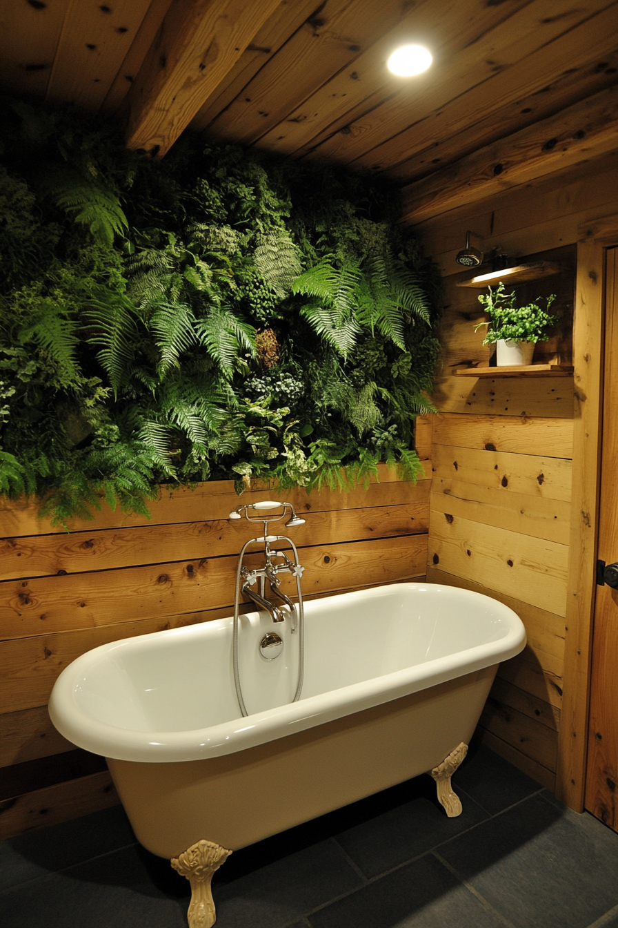 Tiny bathhouse. Fern plant wall backdrop behind the cedar soaking tub.