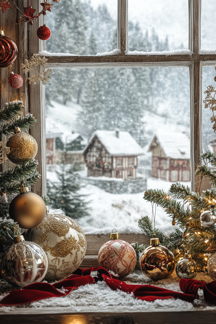 Wide angle view of Christmas interior. Vintage ornaments and velvet ribbons, snow-covered village view.