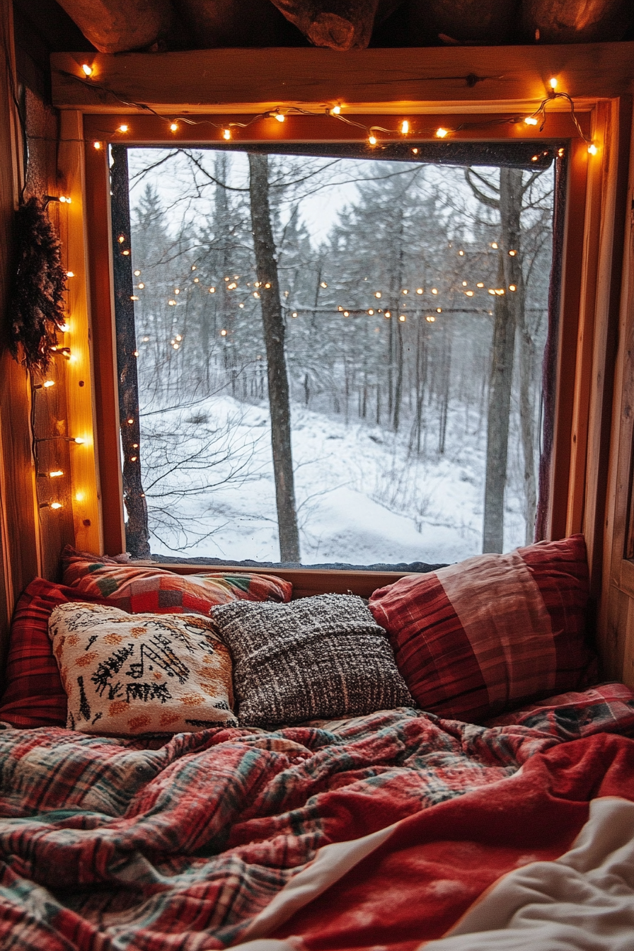 Wide angle view. Flannel bedding, string lights, snowy landscape outside.