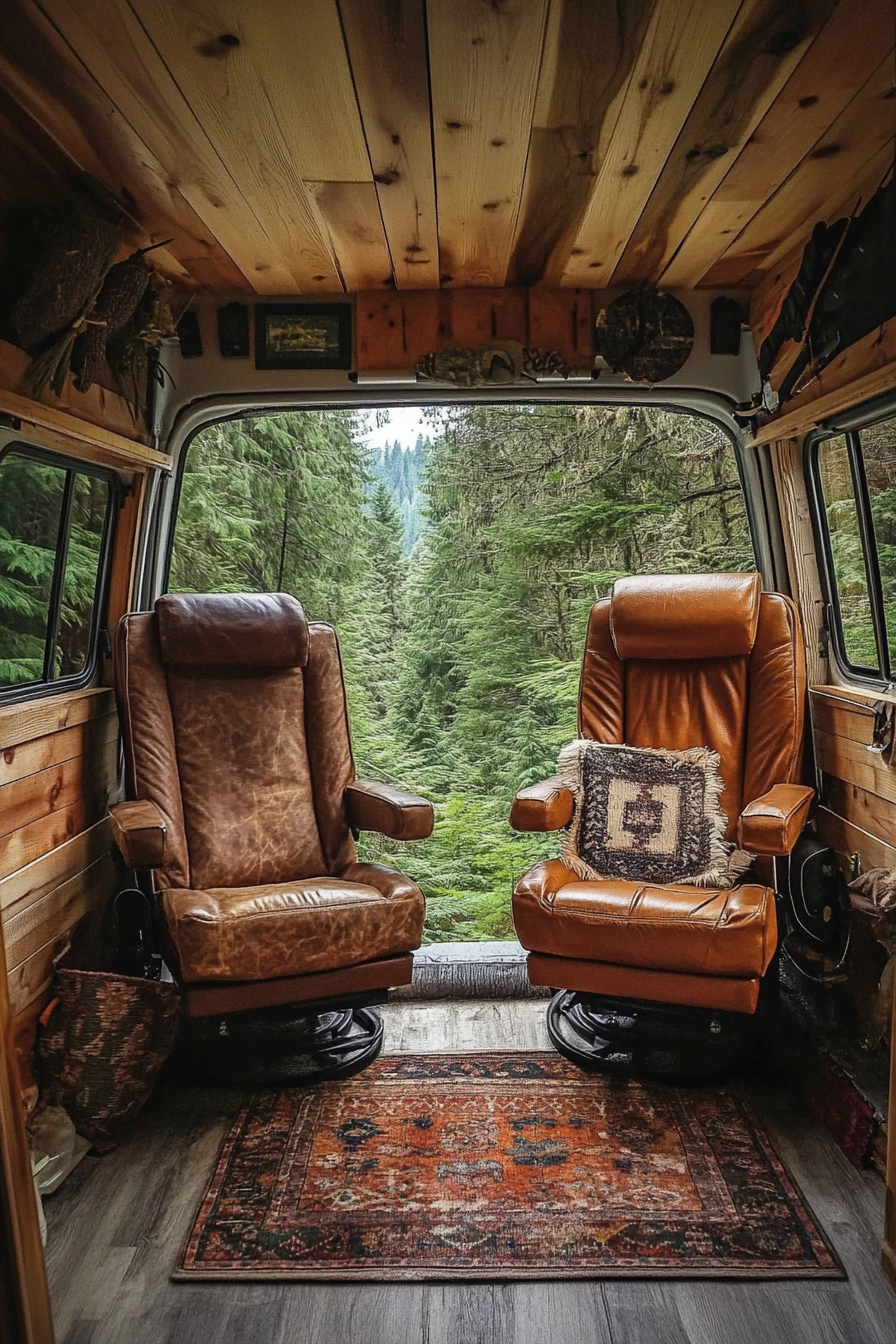 Woodland-Style Van Lounge. Pine-paneled van with rustic leather camp chairs overlooking a dense coniferous forest.