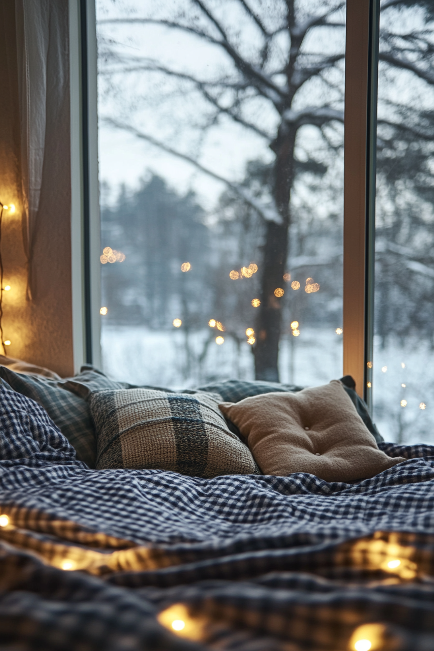 Wide angle view. Flannel bedding, string lights, winter scape outside.