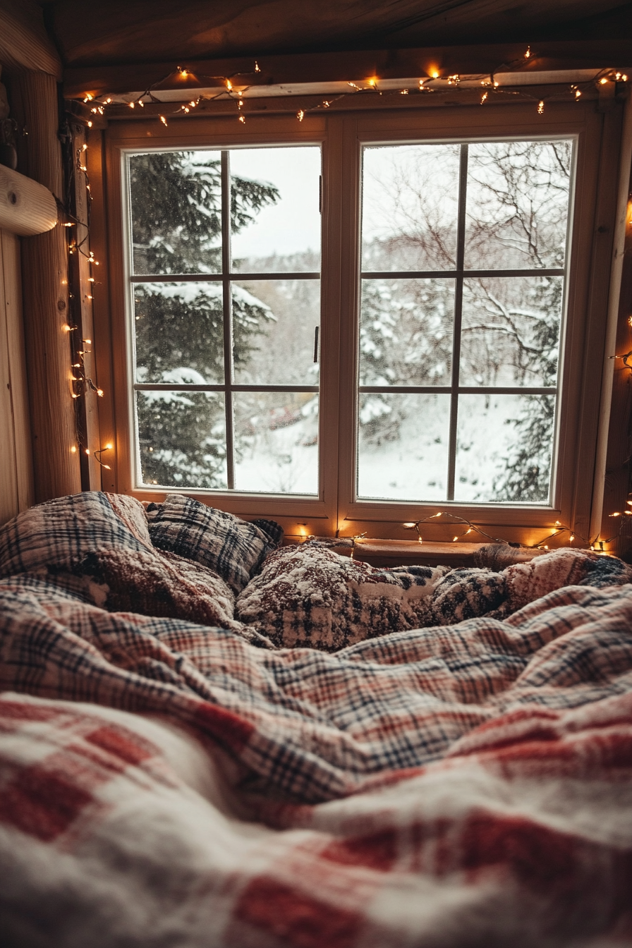 Wide angle view. Flannel bedding, string lights, picturesque snowy landscape outside window.