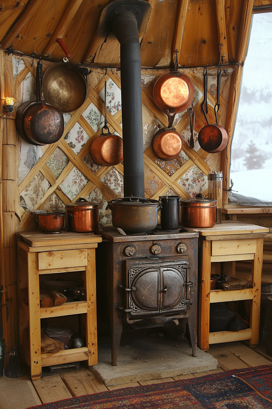 Alpine-style Yurt Kitchen. Oak wood stove with set of burnt copper pots on spice-covered wall.