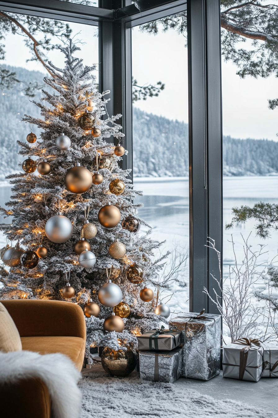 Wide angle view. Retro-styled interior. Vintage ornaments. Aluminum tree. Frozen lake backdrop.