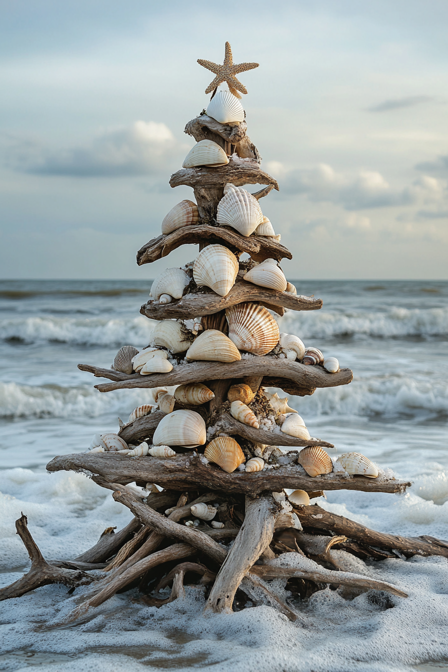 Holiday decor. Driftwood tree adorned with shell ornaments overlooking frothy winter waves.