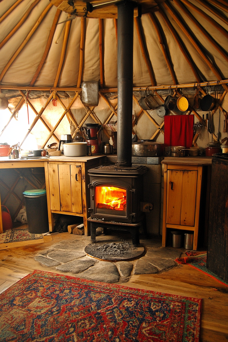 Alpine yurt kitchen. Wood stove with coal-black grates.