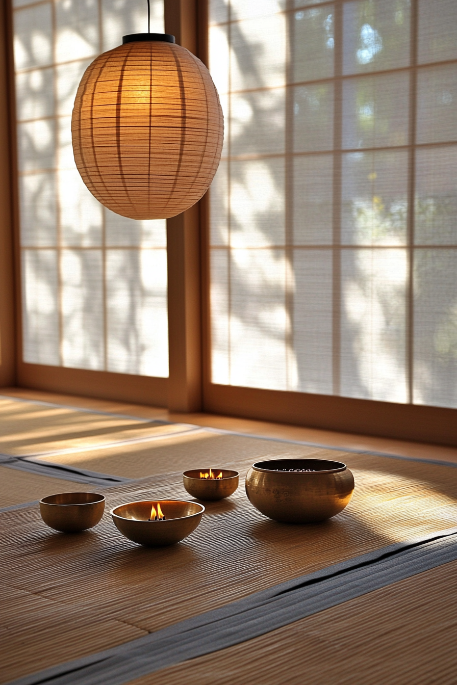 Meditation room. Zen style, bamboo mat, incense holder, bronze singing bowls.