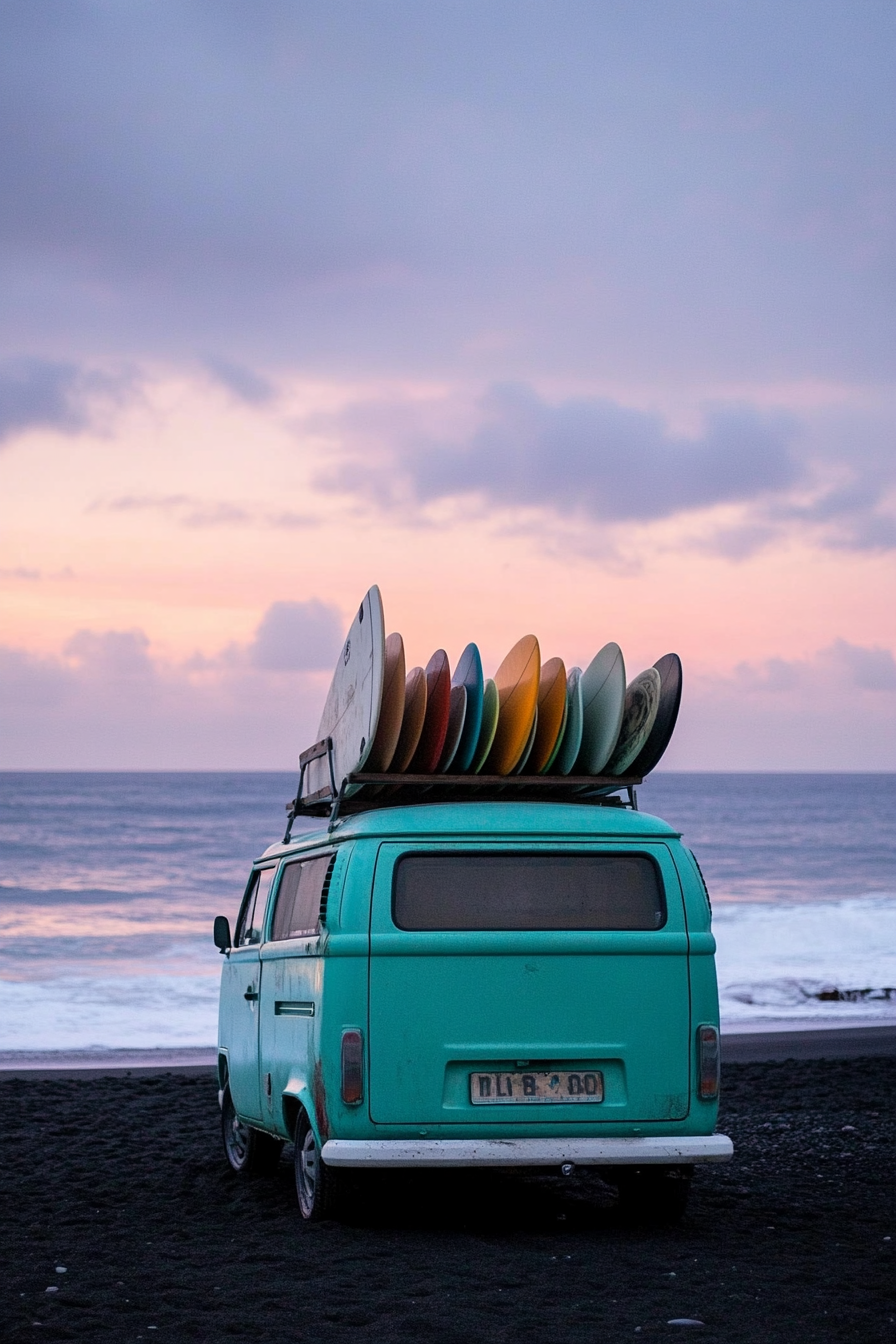 Beach van setup. Teal van with surfboard racks on black sand beach at dusk.