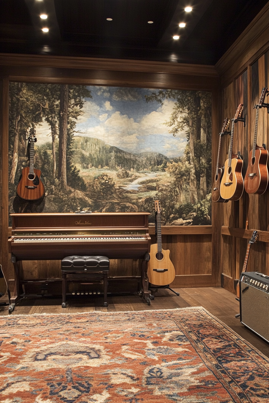 Woodland music room. Oak paneling with nature-inspired murals and hanging guitars.