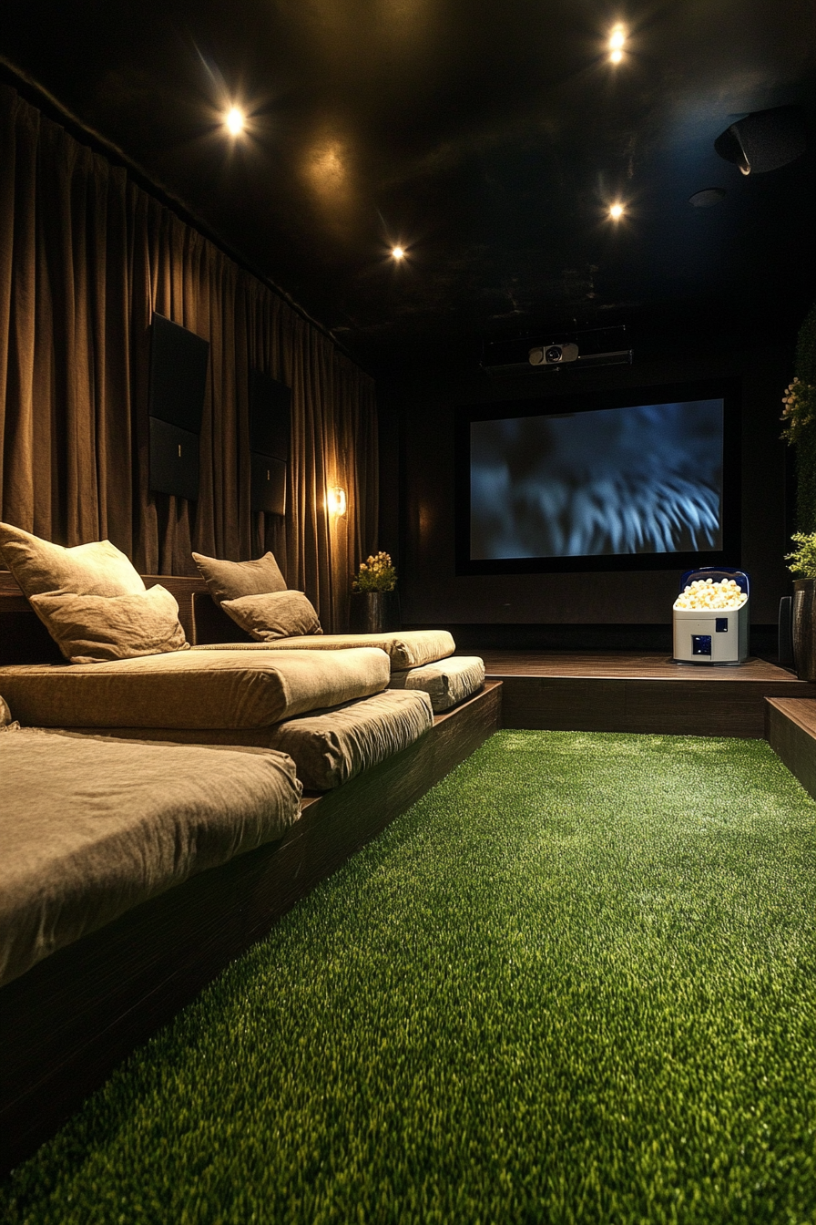 Contemporary Tiny Theater with faux grass flooring and popcorn machine.