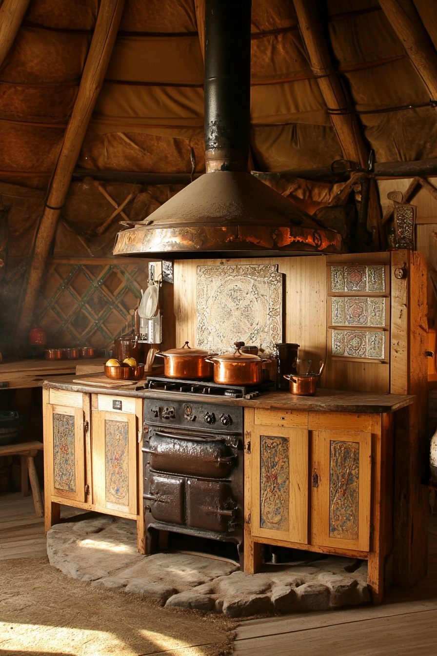 Alpine-style Yurt Kitchen. Wood stove throwing warm light on copper pots on artfully scorched cabinetry.