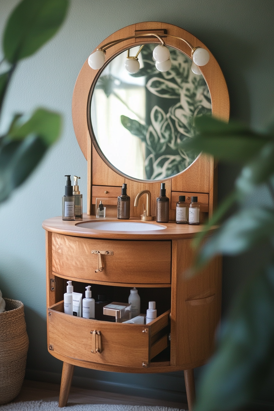 Bohemian Van Vanity Area. Oak wood circular makeup storage, ivory ring light, vintage bronze folding mirror.