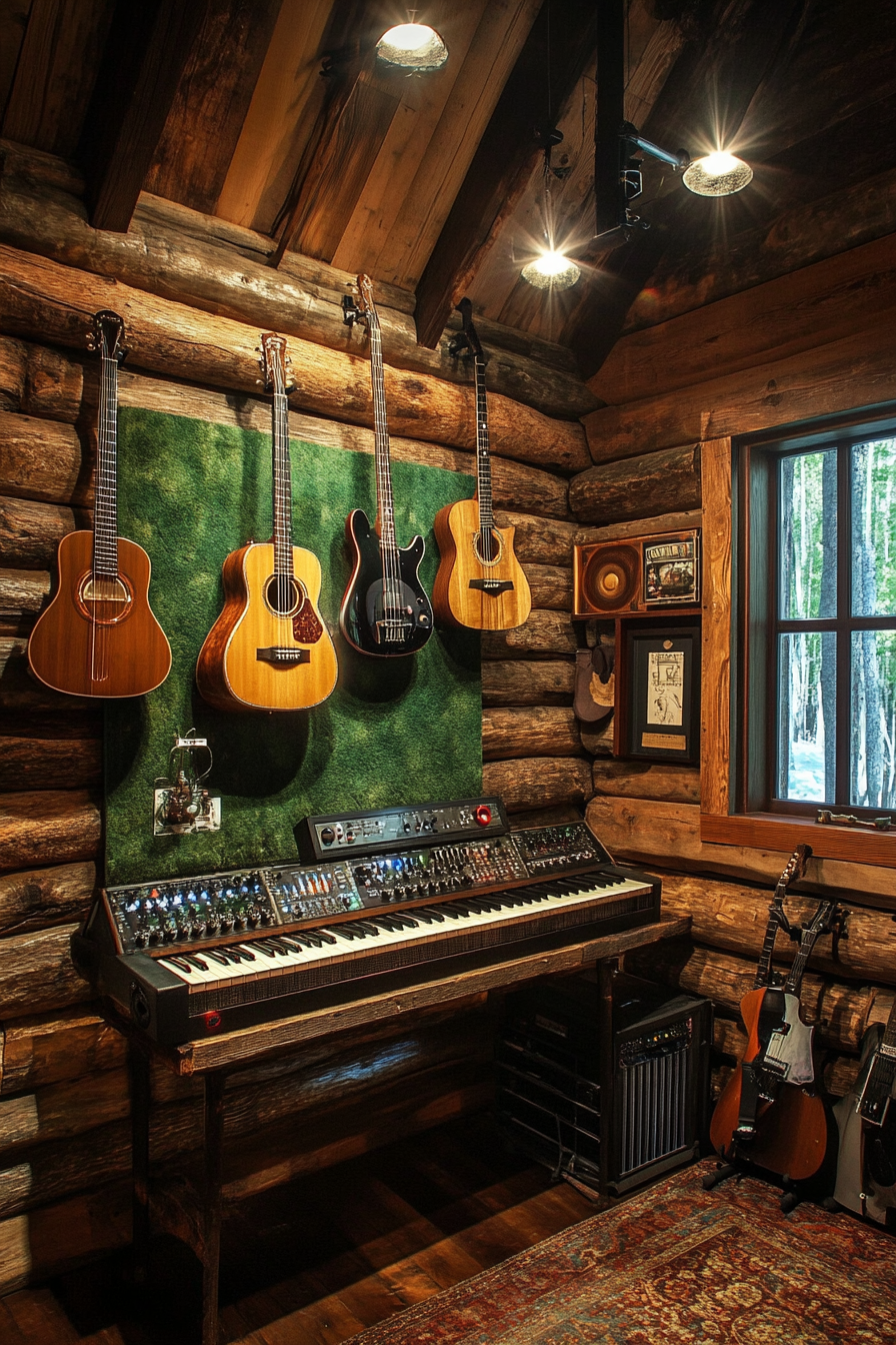 Woodland-style music room. Log walls, rustic keyboard mount, hold-and-display guitar wall and mossy green sound-proofing.