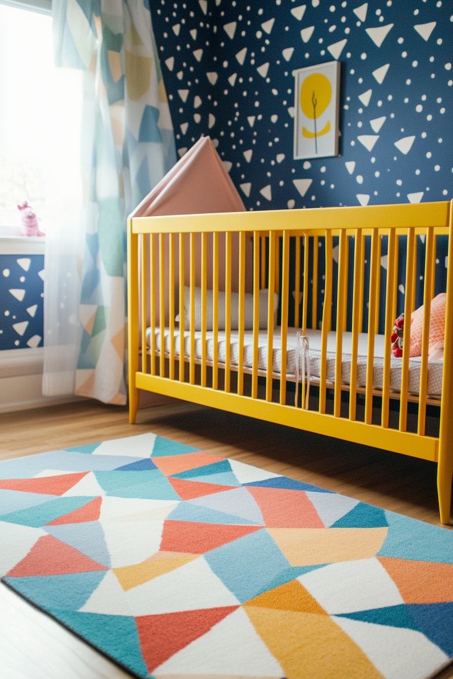 Wide angle baby space. Colorful geometric rug, sunny yellow crib, spotted blue wallpaper.