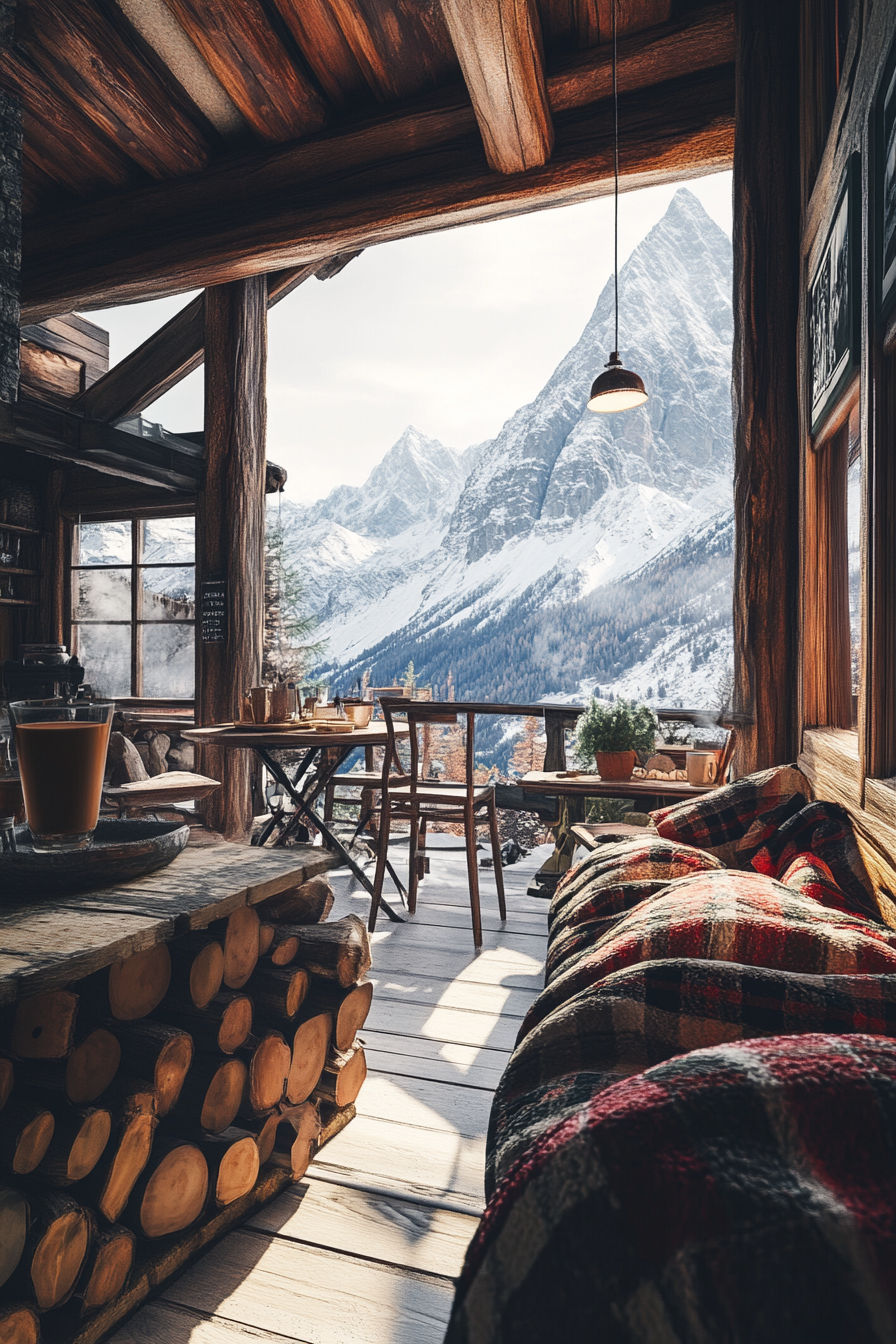 Ski lodge interior. Wood logs, wool blankets, cocoa station, view of snow-capped peaks.