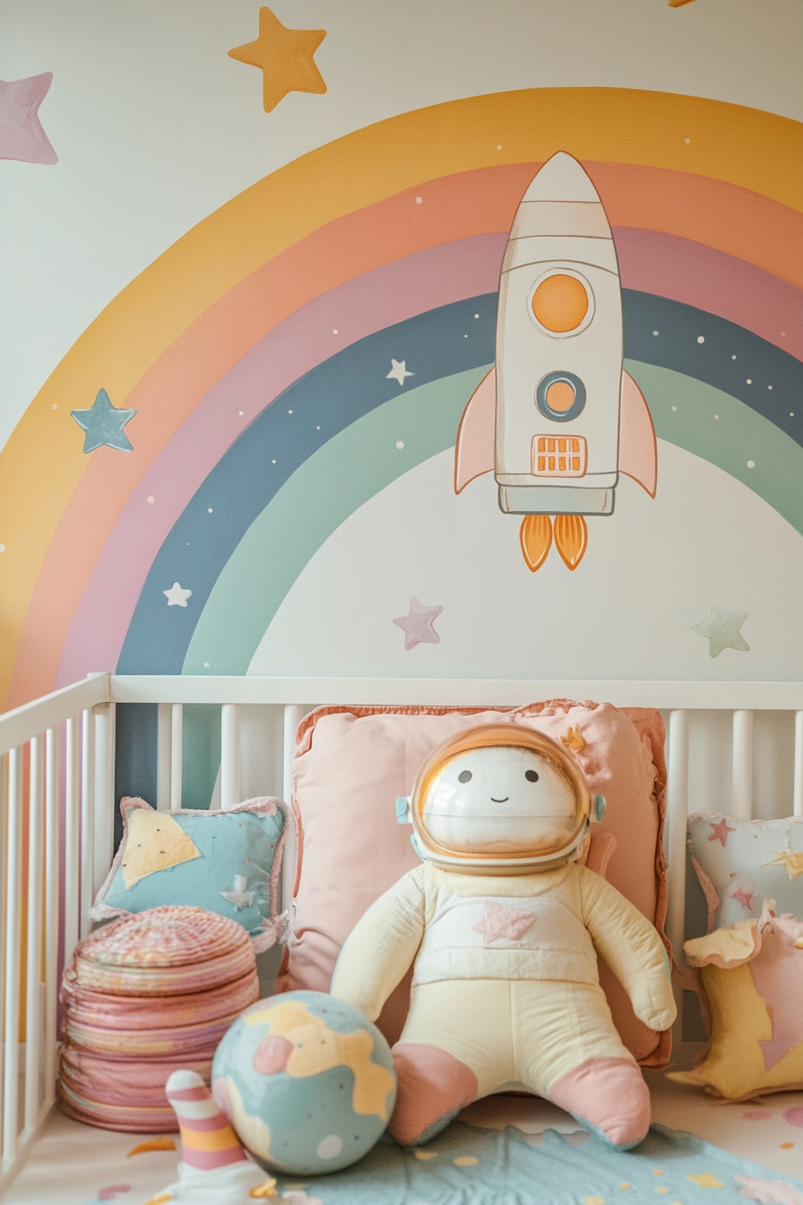 Wide angle view of baby space. Pastel rainbow wallpaper with cartoon rocket ship decals.