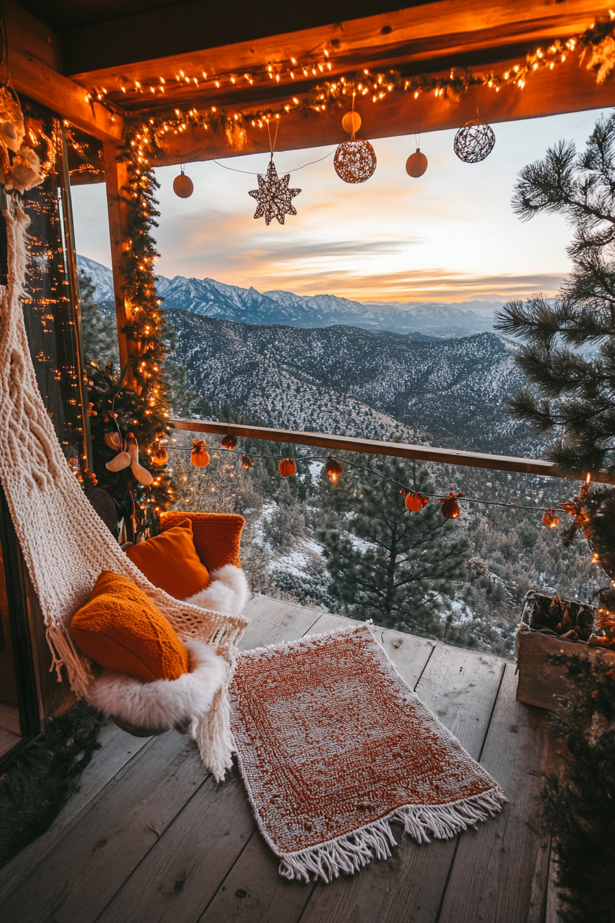 Eclectic holiday space. Macramé stockings, dried orange garlands, panoramic mountain sunset view.