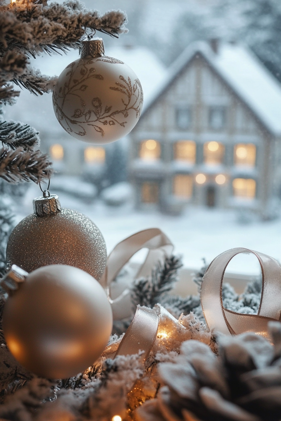 Elegant Christmas interior. Velvet ribbons on silver tinsel, vintage ornament foreground, snow-covered village view.