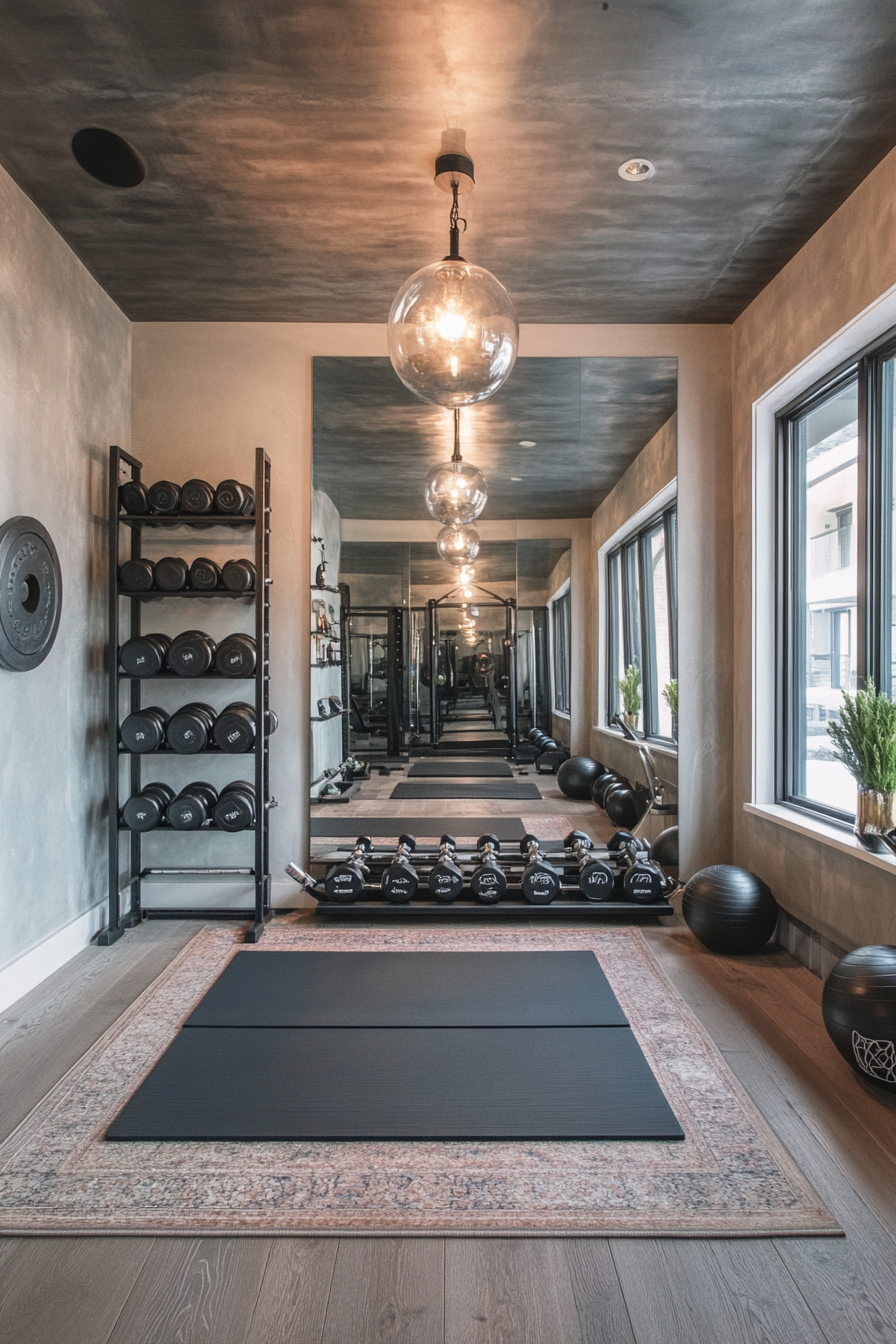 Contemporary tiny gym. Mirror wall, vertical dumbbell rack, yoga mat storage, kettlebell corner.