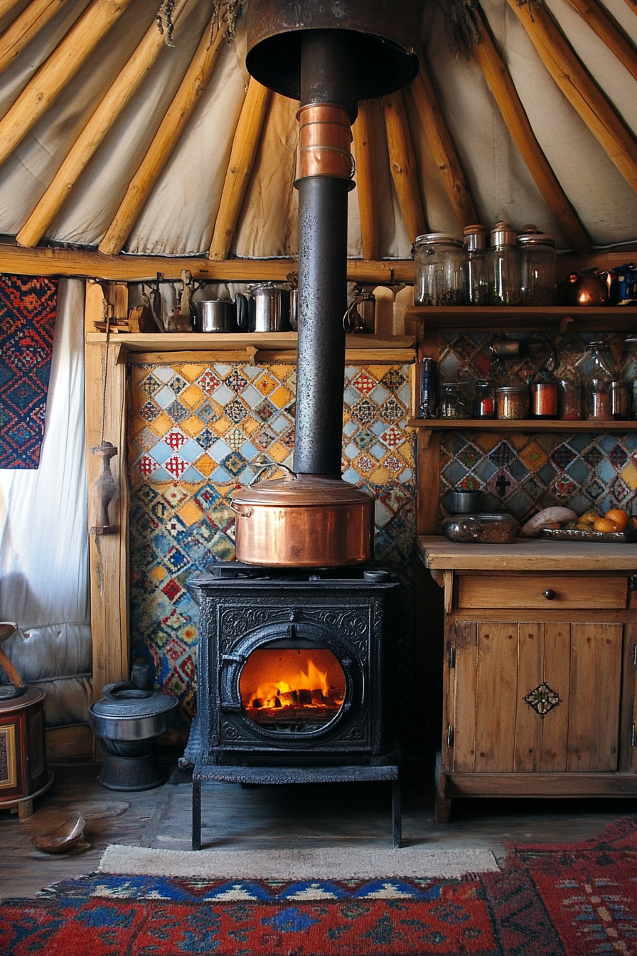 Alpine-style Yurt Kitchen. Open wood stove adorned with copper pots, adjacent aromatic spice wall.