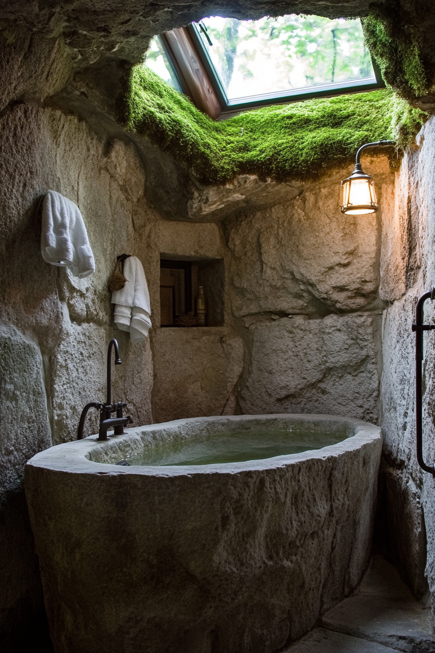 Tiny bathhouse. Stone soaking tub with moss-covered walls and skylight.