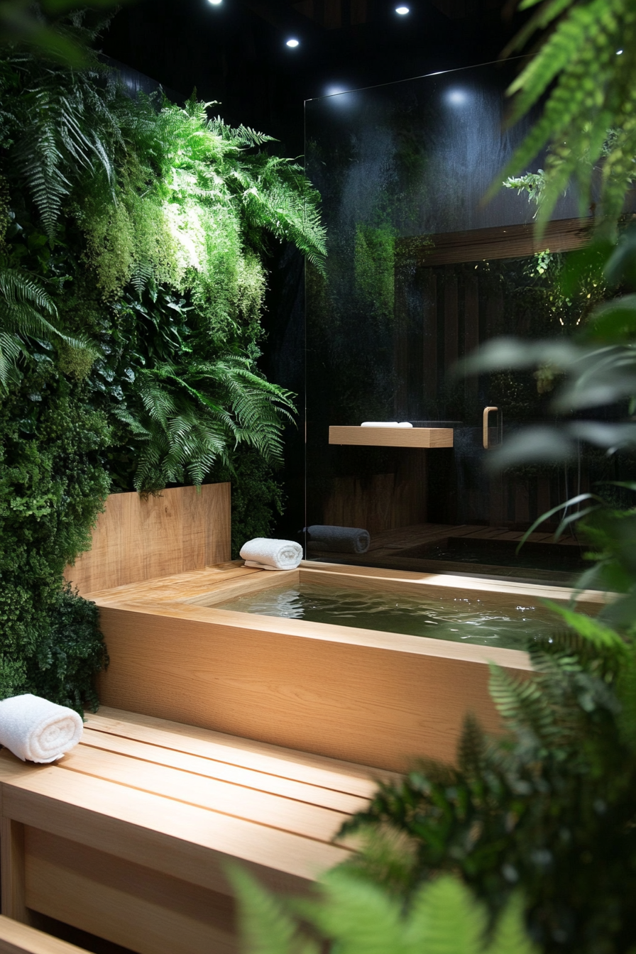 Nature-inspired tiny bathhouse. Frosted glass, verdant fern wall, wooden soaked tub, Zen meditation bench.