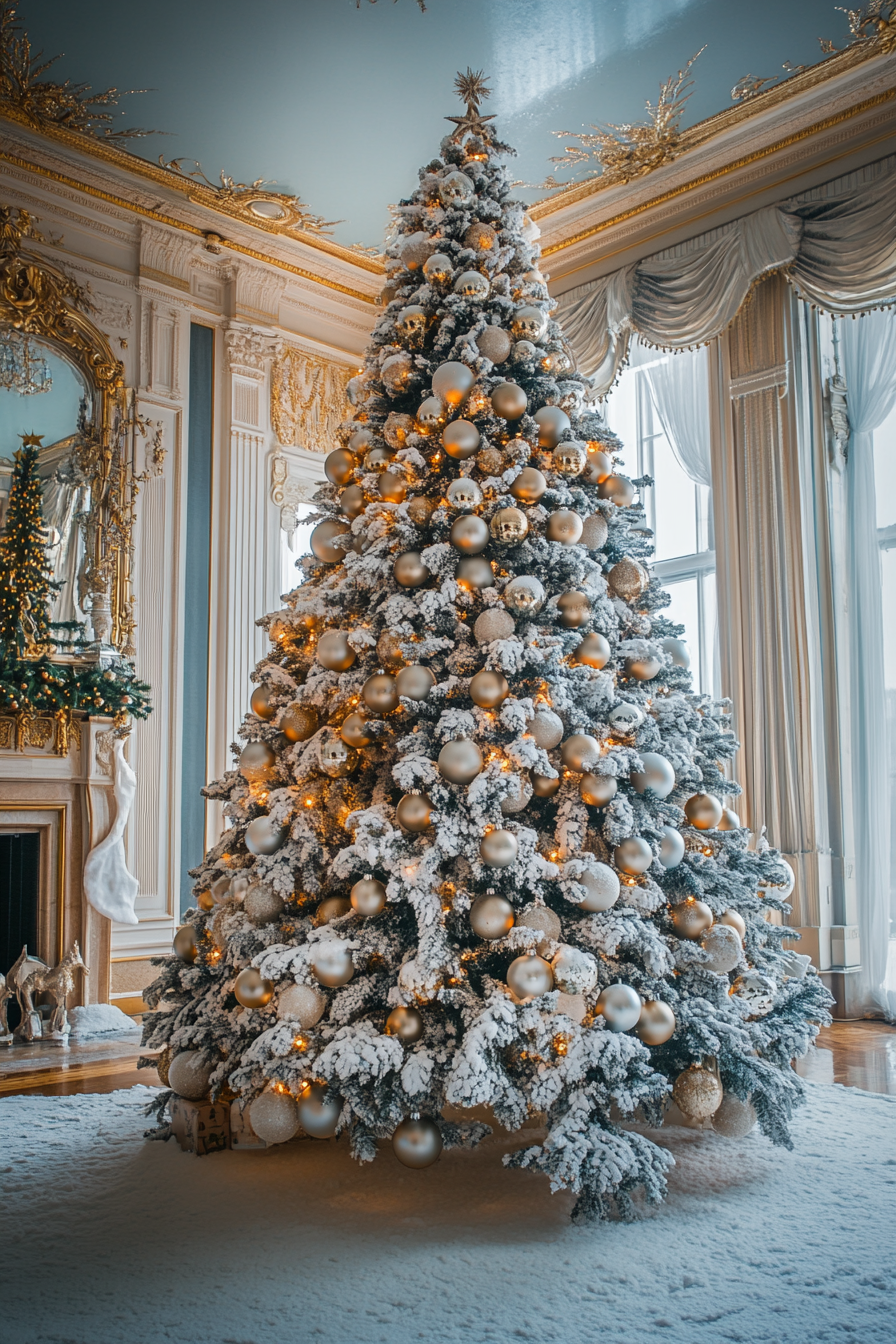 Wide angle view, holiday interior. Aluminum Christmas tree, classic ornaments near frozen lake.