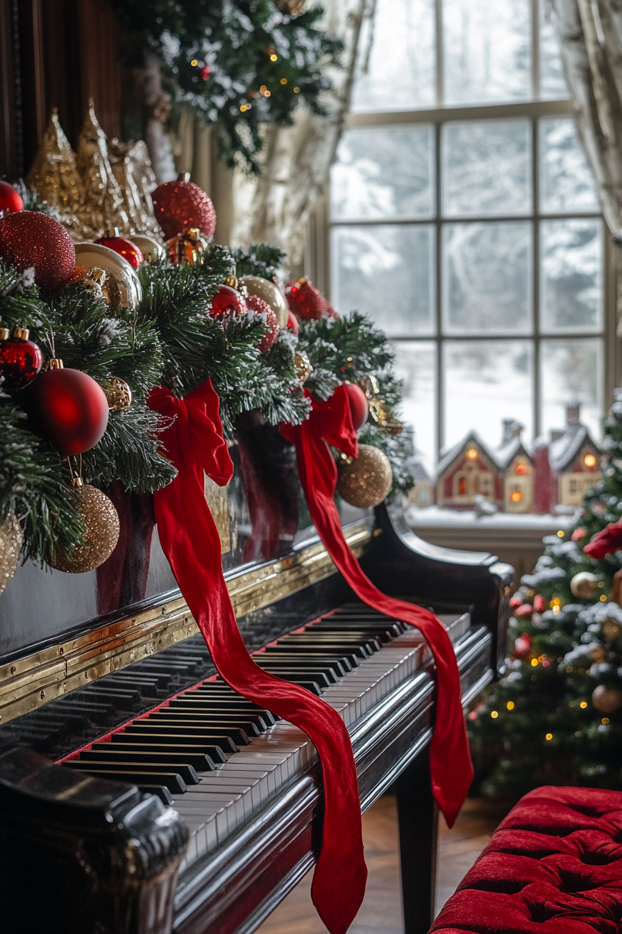 Elegant Christmas interior. Piano draped in red velvet ribbons, antique ornaments, and backdrop of snowy village.