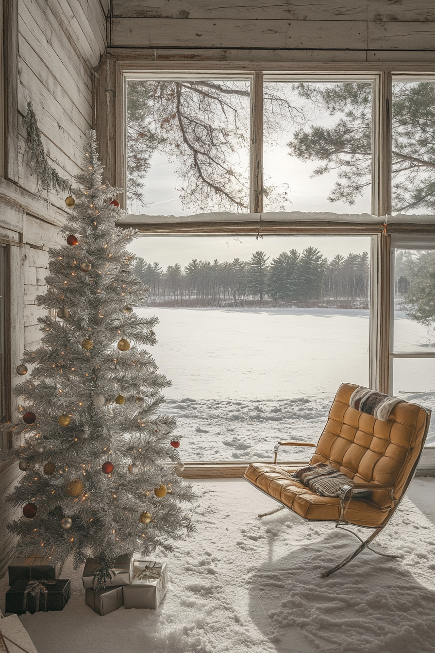 Retro holiday interior. Aluminum tree by a frozen lake framed with wide-angle view.