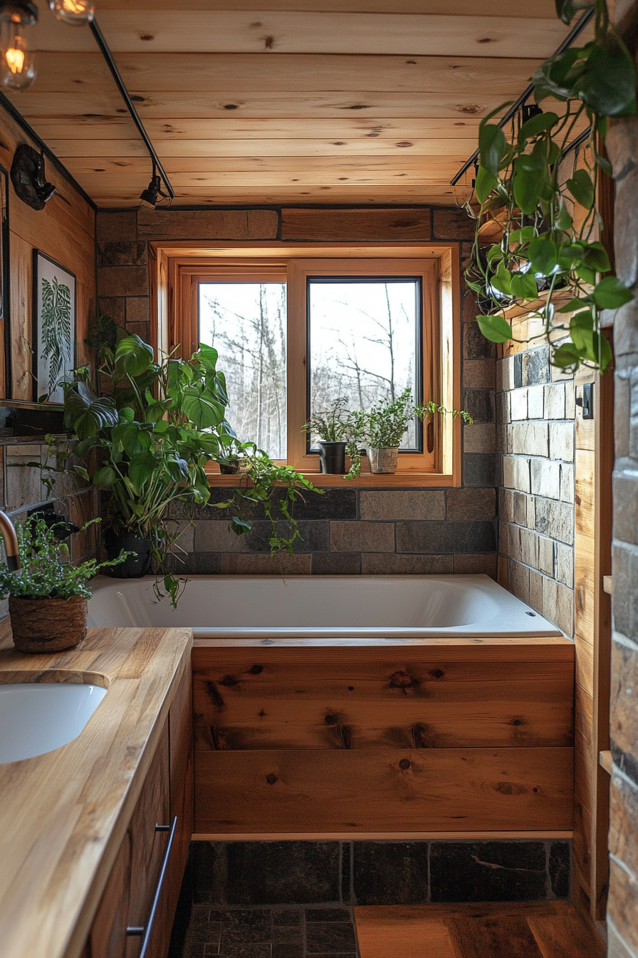 Wide angle of tiny house bathroom. Wooden tub, stone tile backsplash, verdant pot plants.