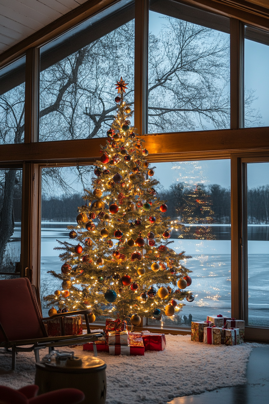 Wide angle view. Retro-styled holiday interior, aluminum tree, classic ornaments, by frozen lake.