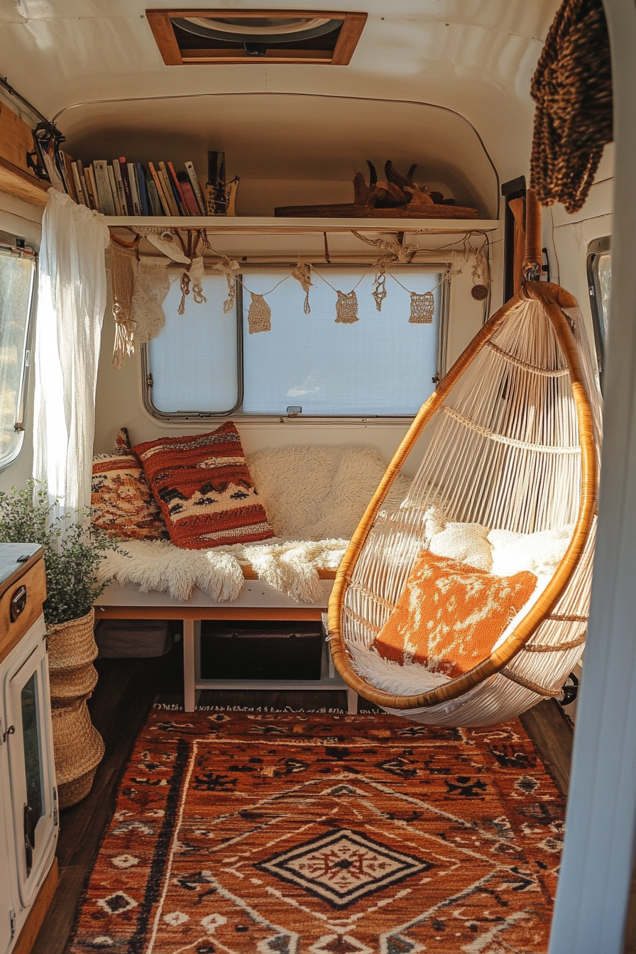 Reading corner. Terracotta southwestern rug, cream hanging chair, vintage camper interior, soft book light.