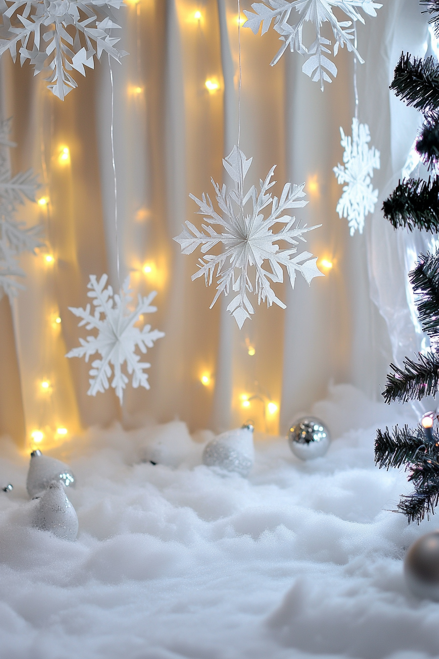 Modern Christmas decor. Snowy valley backdrop, white fairy lights, paper snowflakes.