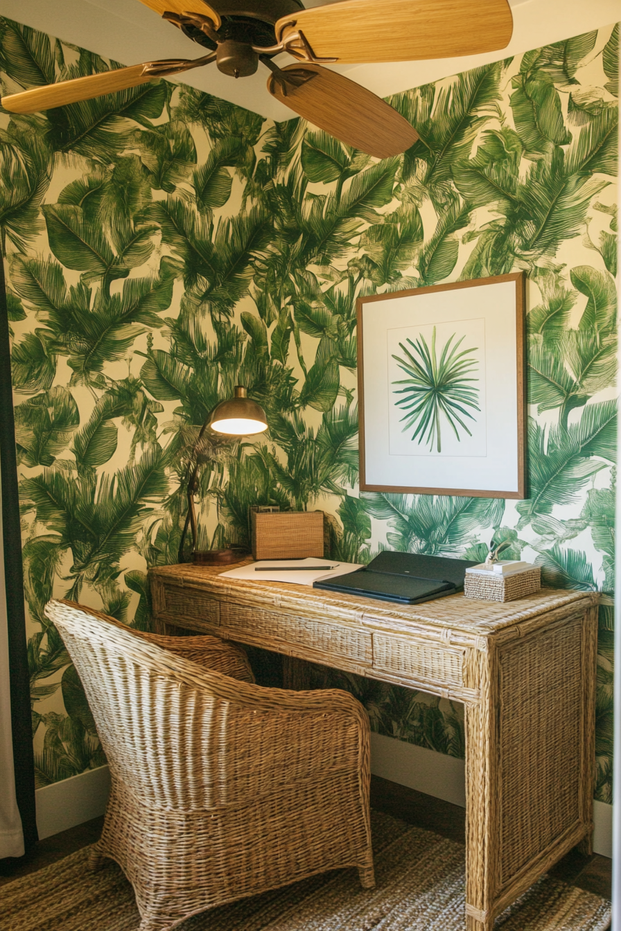 Tropical-modern tiny office. Rattan desk with leaf-print wallpaper and walnut-blade ceiling fan.