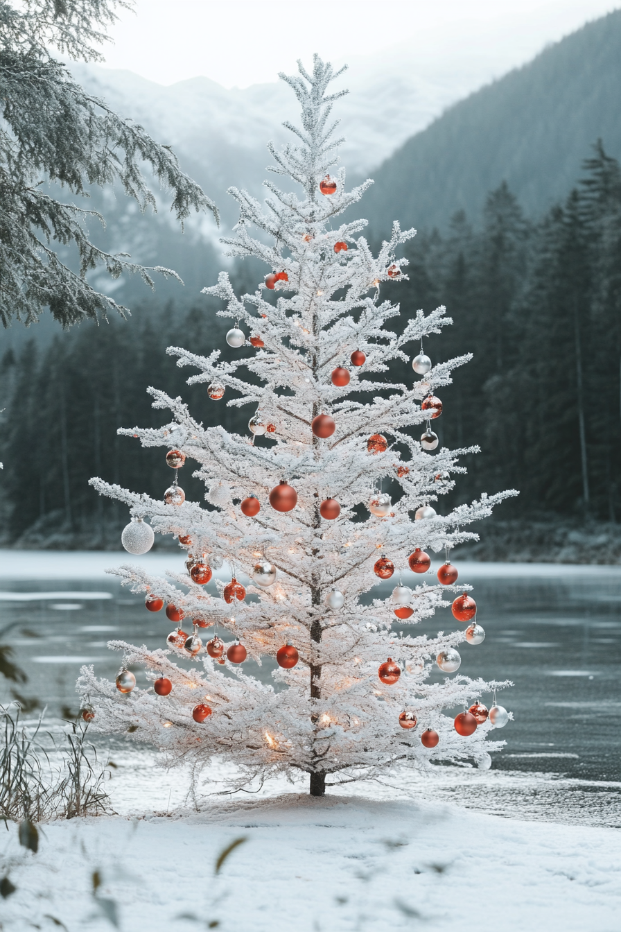 Retro holiday interior. Aluminum tree with classic ornaments near frozen lake