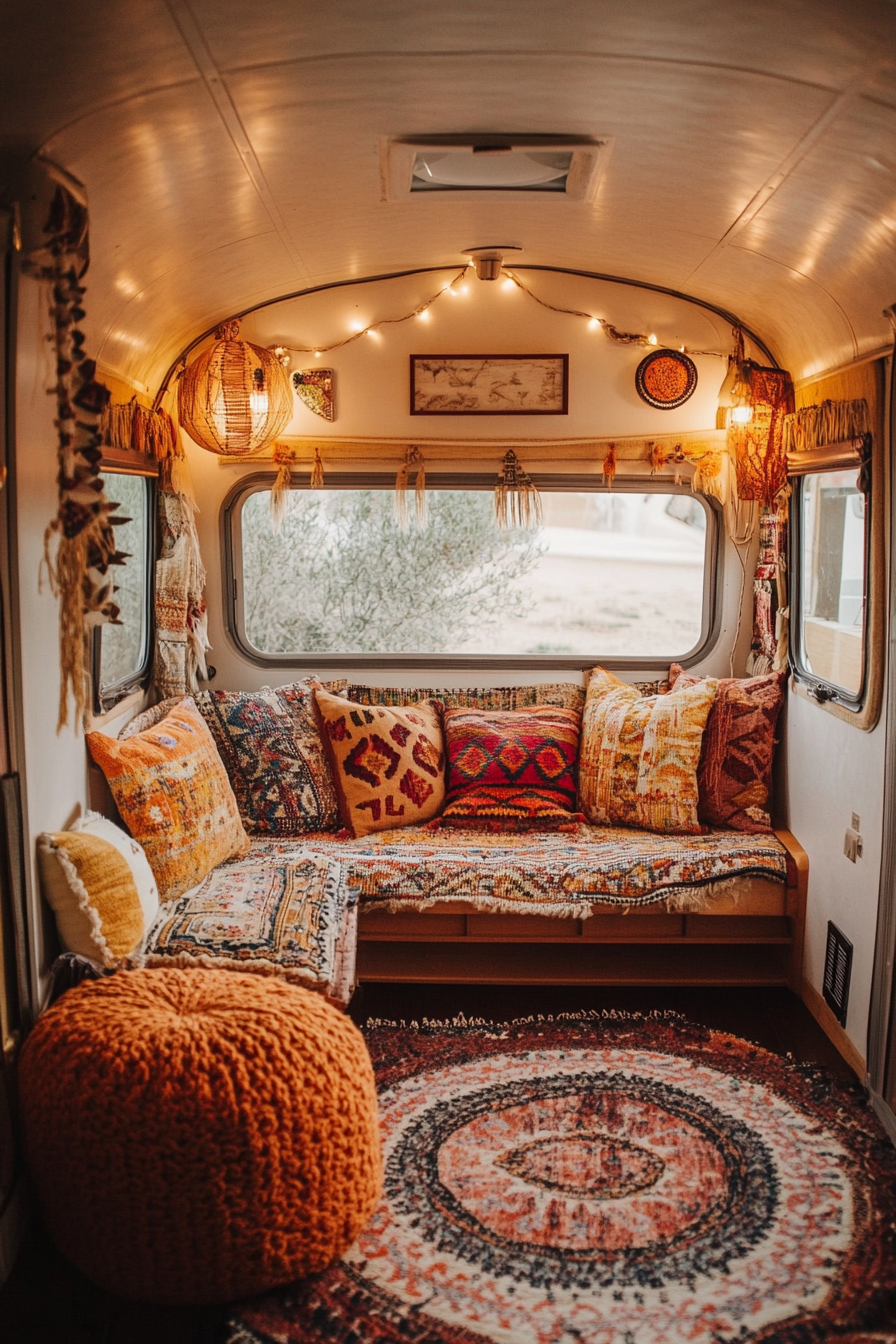 Desert-Boho Camper Reading Corner. Southwest textiles with muted echoes of desert sunset, picture lights, round floor cushions.