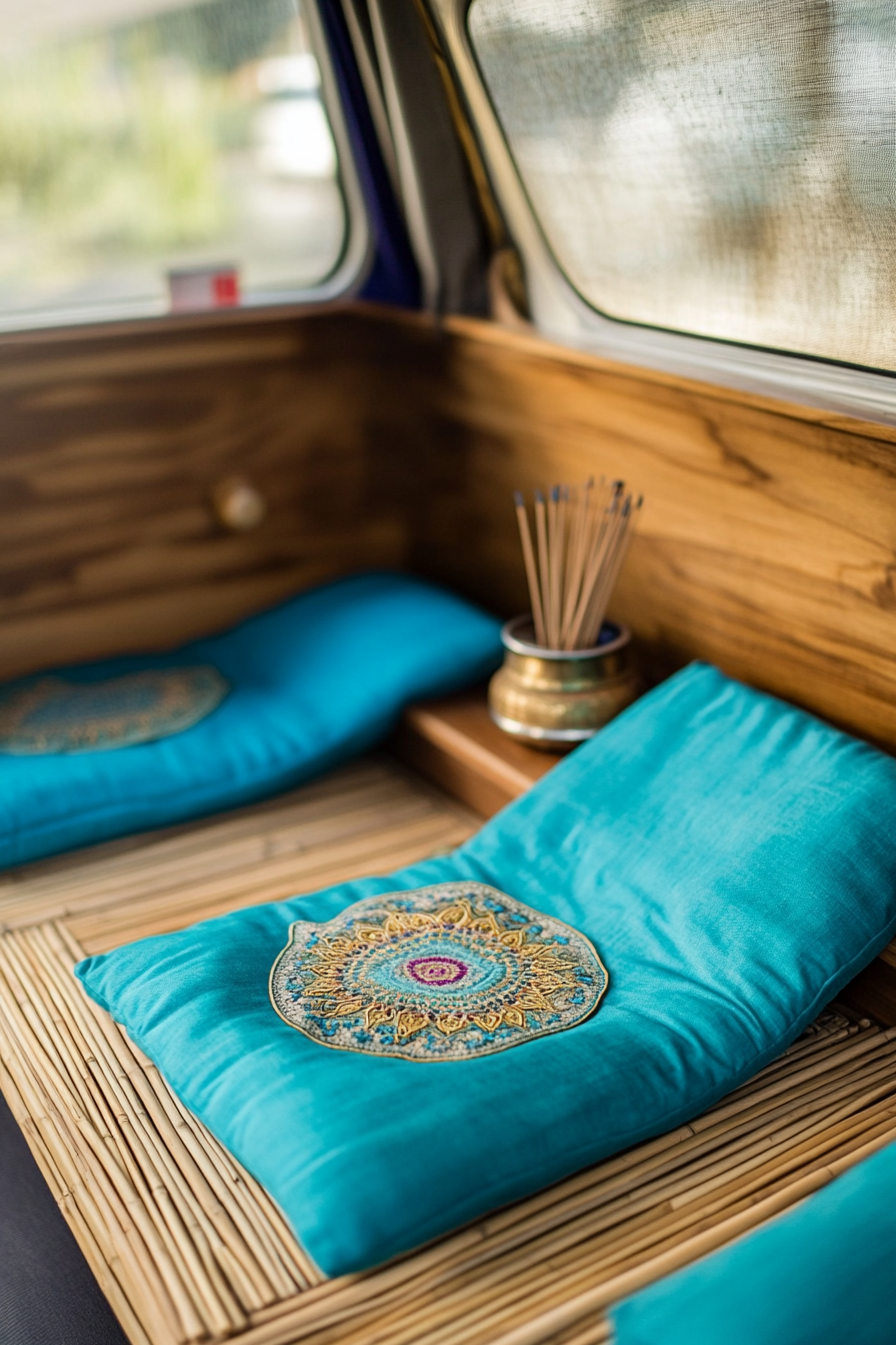 Meditation van interior. Turquoise cushions on a bamboo mat near an Indian incense holder.