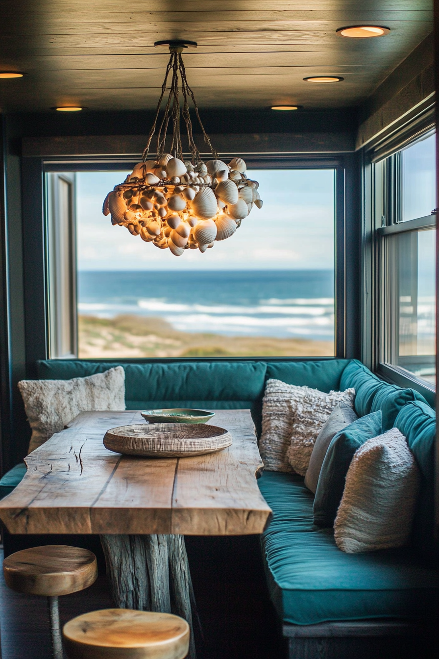 Van dining area. Teal cushions, driftwood table, panorama windows, seashell chandelier.