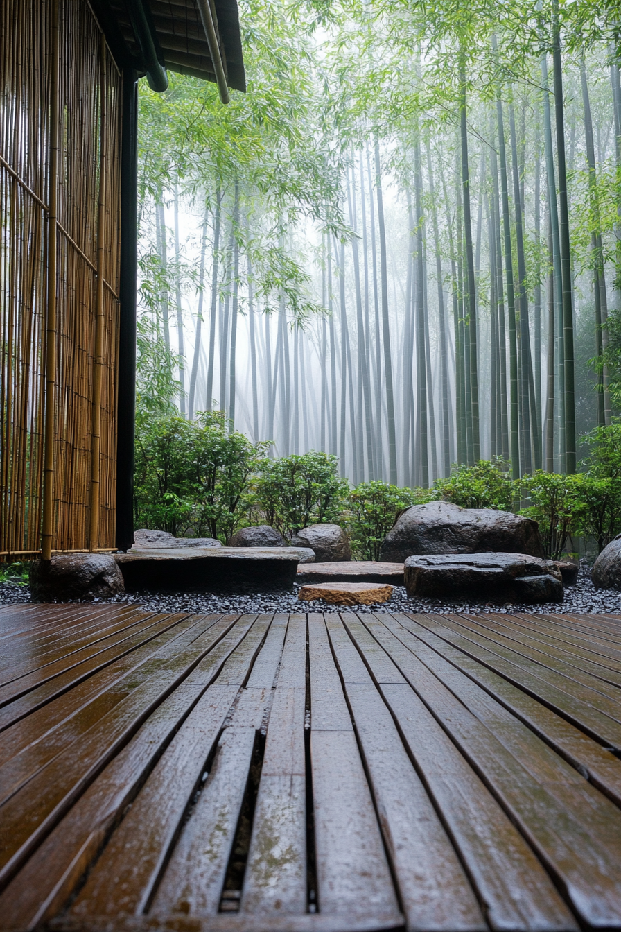 Wide angle minimalist tiny house deck. Bamboo screens, rock garden elements, amidst misty bamboo forest.