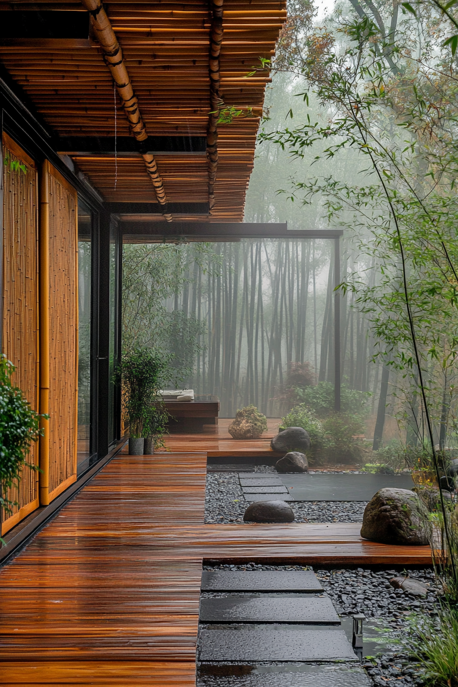 Wide angle view of minimalist tiny house deck with bamboo screens, rock garden elements, mist from surrounding bamboo forest.