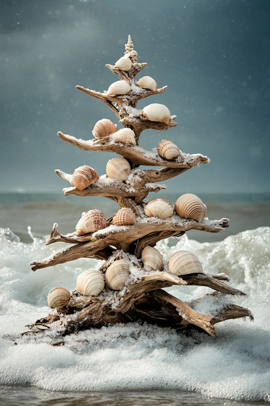 Holiday decor. Driftwood tree decorated with shell ornaments facing frosty ocean waves.